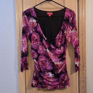 ELLE Top Medium Pink/Black Floral 3/4 Sleeve Women's